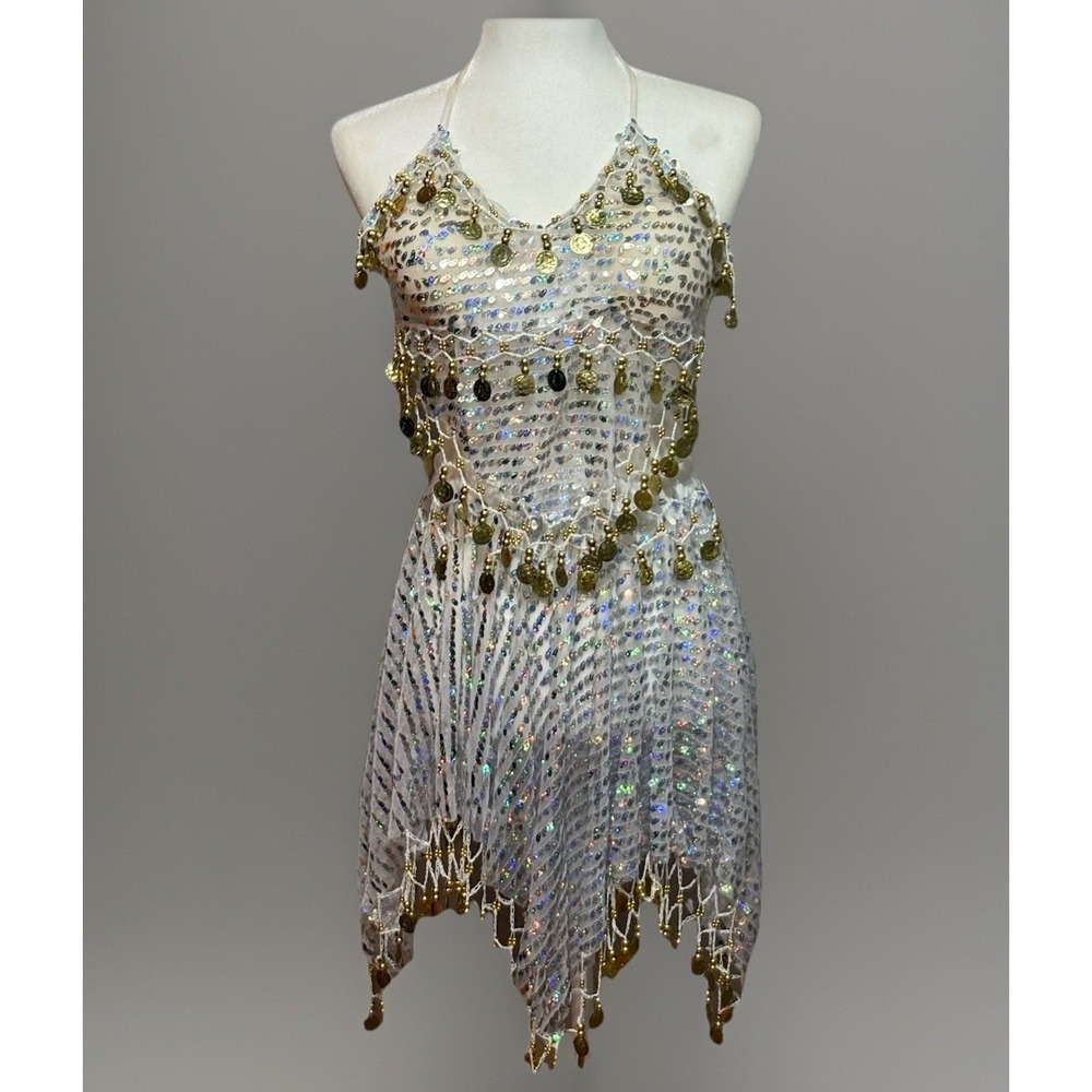 Belly Dance Costume‎ 2pc Set White Sequin Coin Halter Top Skirt S/M Festival